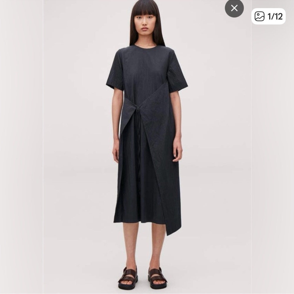 COS Navy Seersucker Midi Wrap Dress